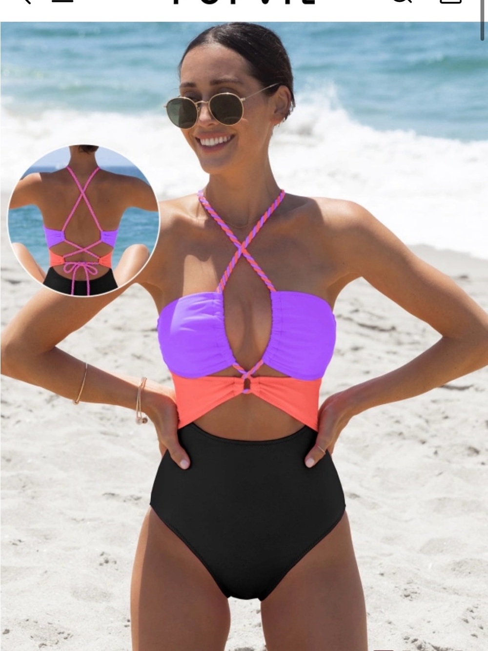 Colorblock Crisscross Cutout One-Piece Swimsuit - Purple, Coral & Black